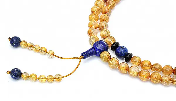 Genuine AAAA Golden Rutilated Quartz 8mm Beads Mala with Lapis