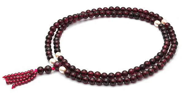 Genuine Rhodolite Garnet with Pearl Beads Mala January Birthstone