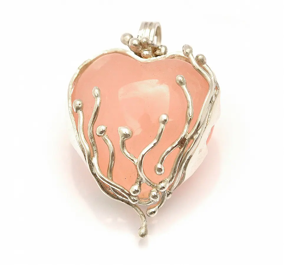 Rose Quartz Heart in 999 Fine Silver Pendant