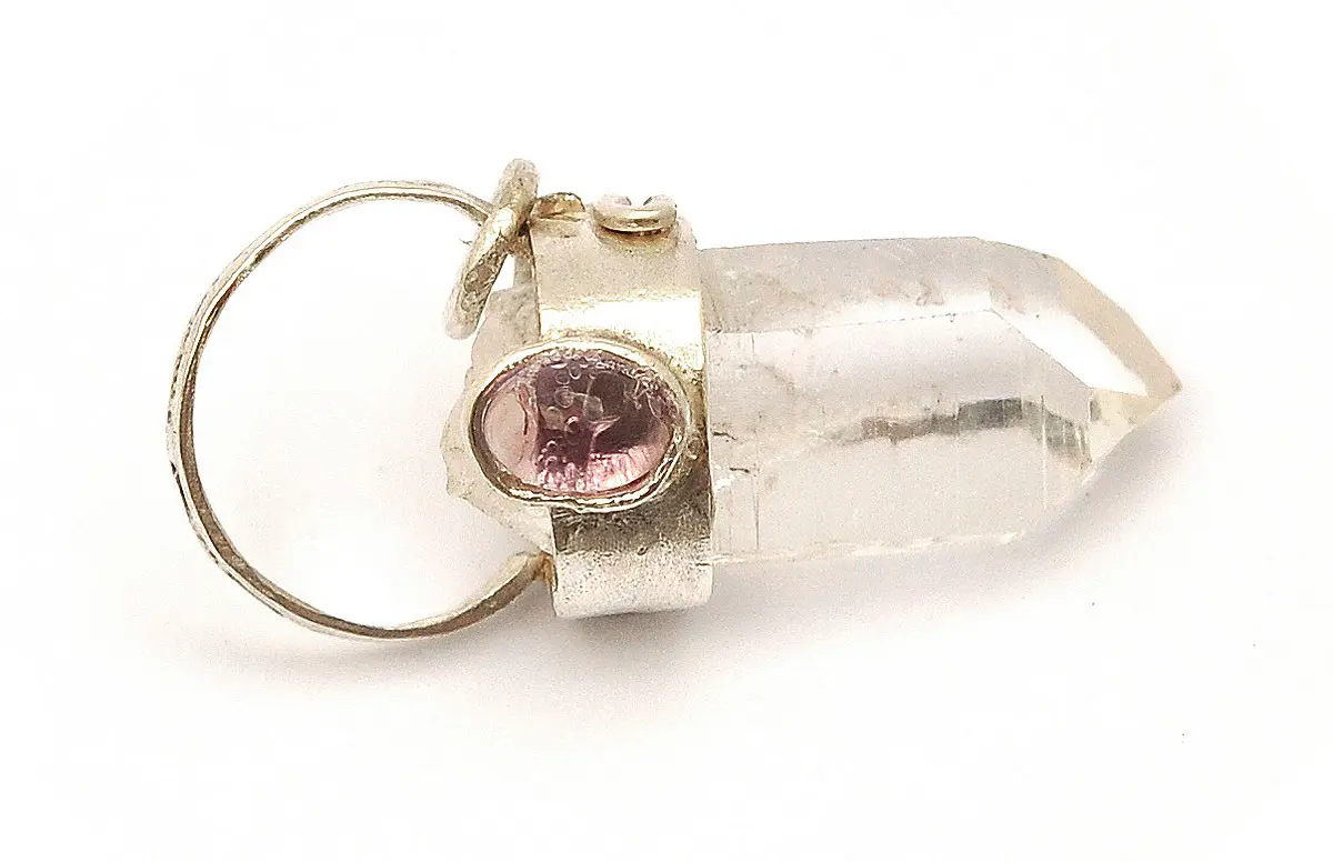 Arkansas Clear Quartz Point with Amethyst in Sterling Silver Pendant