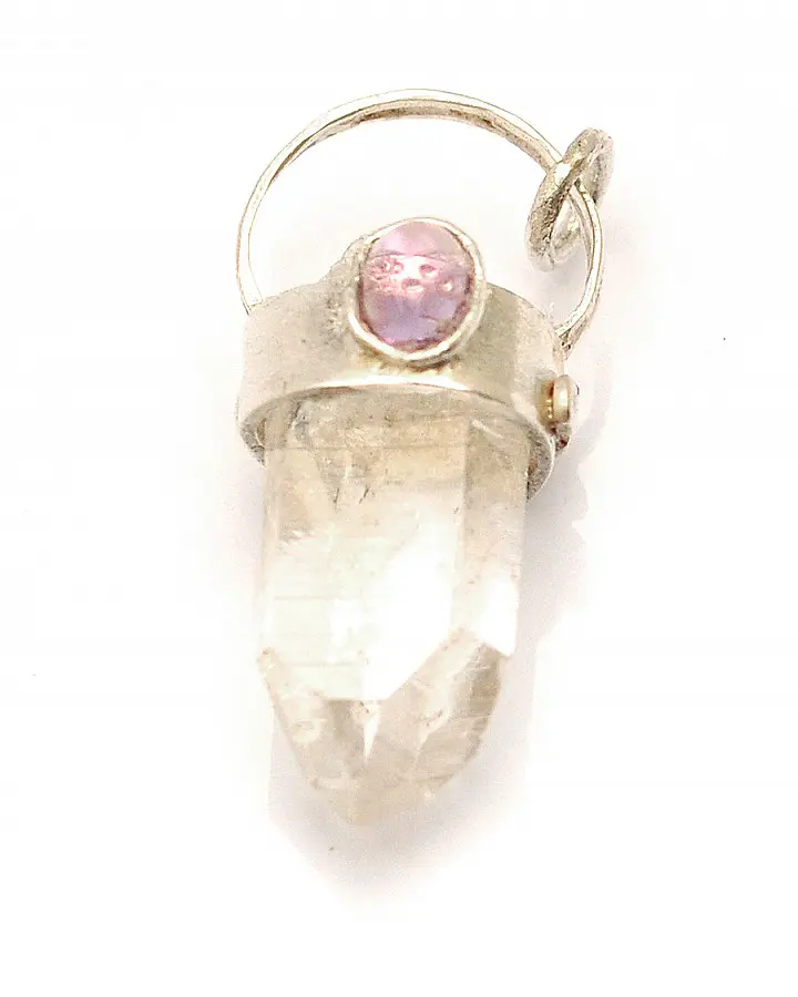 Arkansas Clear Quartz Point with Amethyst in Sterling Silver Pendant