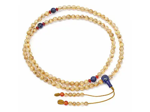 Genuine AAAA Golden Rutilated Quartz 7mm Beads Mala with Lapis