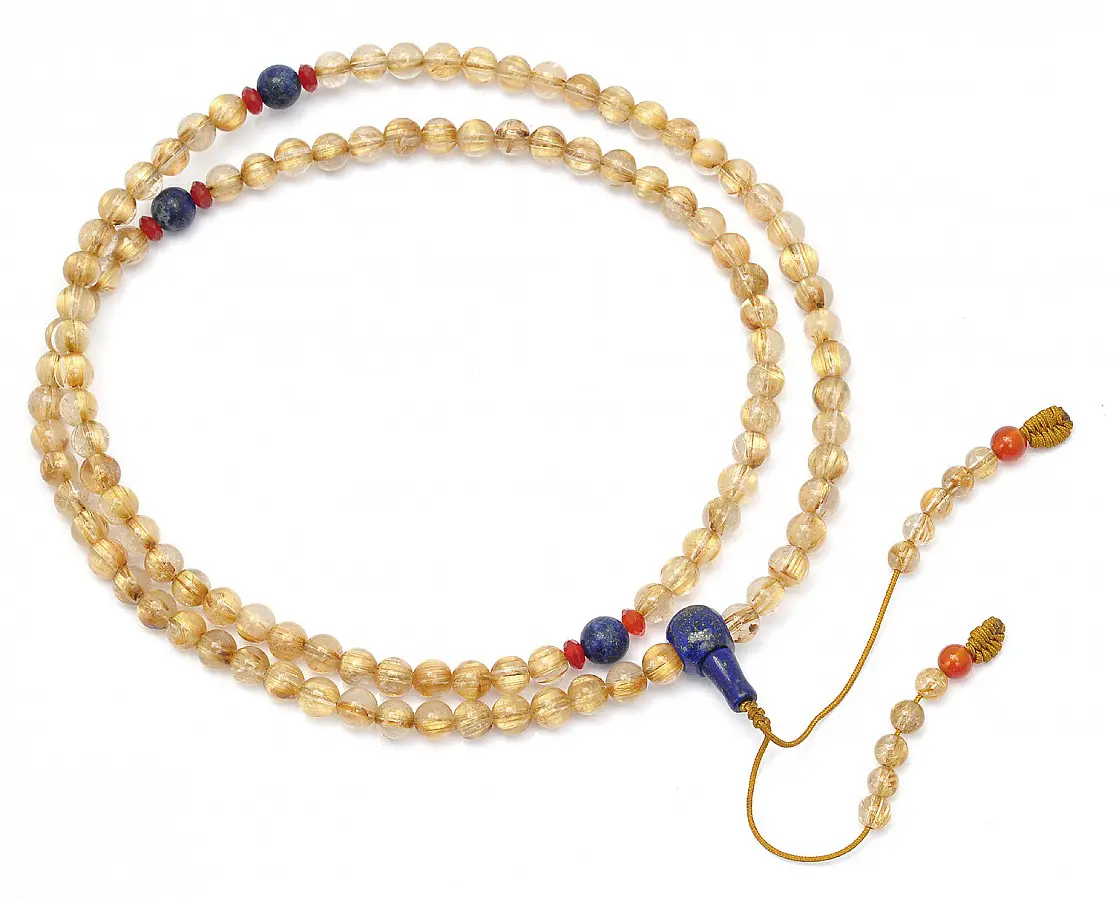 Genuine AAAA Golden Rutilated Quartz 7mm Beads Mala with Lapis