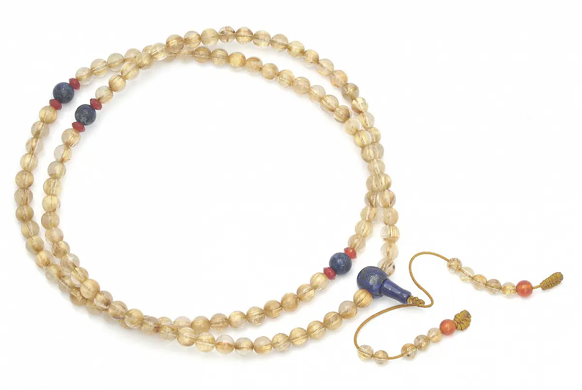 Genuine AAAA Golden Rutilated Quartz 7mm Beads Mala with Lapis