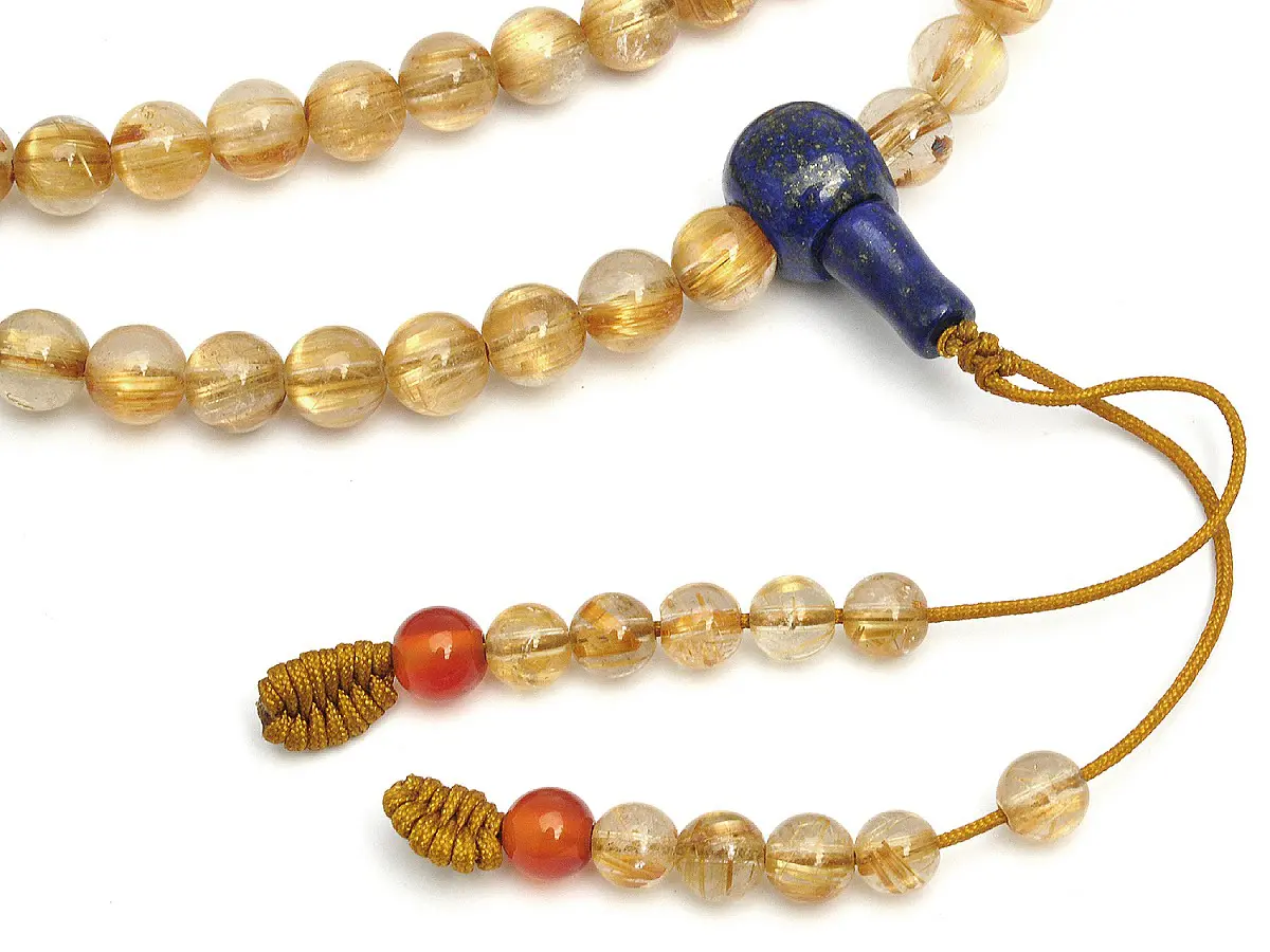 Genuine AAAA Golden Rutilated Quartz 7mm Beads Mala with Lapis