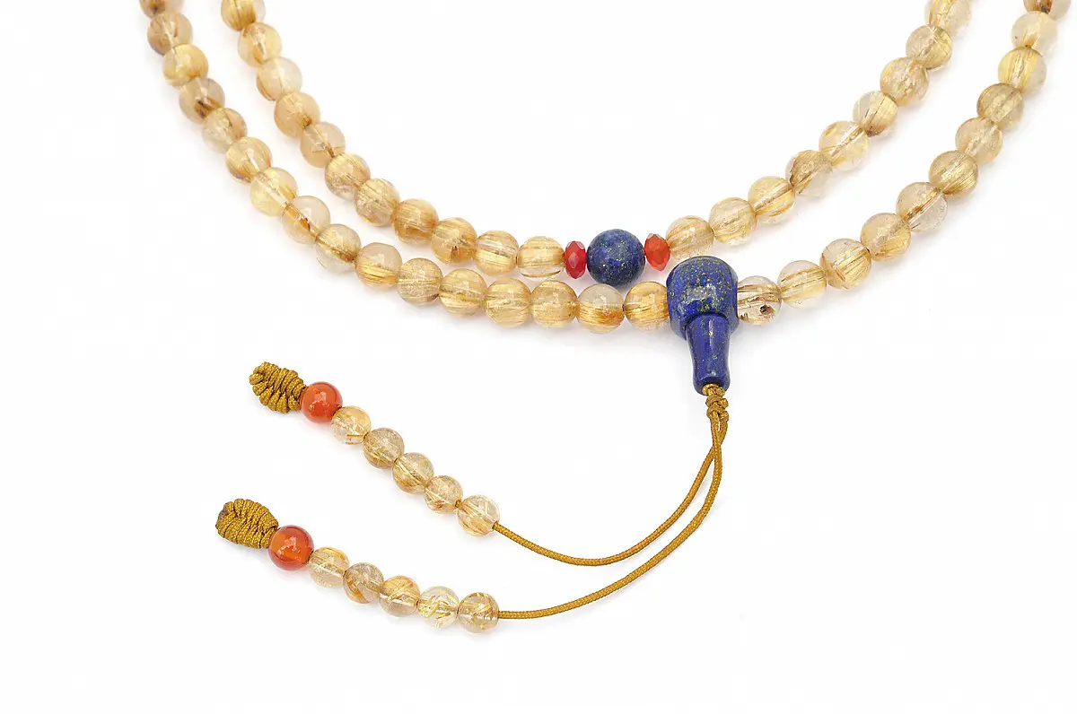 Genuine AAAA Golden Rutilated Quartz 7mm Beads Mala with Lapis