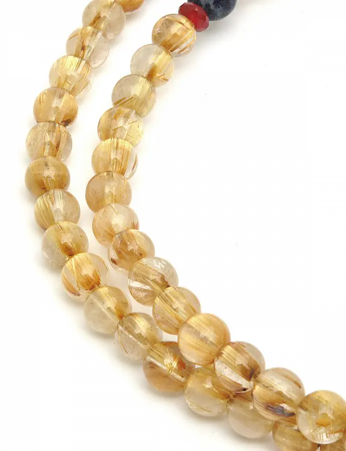 Genuine AAAA Golden Rutilated Quartz 7mm Beads Mala with Lapis