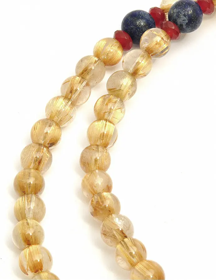 Genuine AAAA Golden Rutilated Quartz 7mm Beads Mala with Lapis