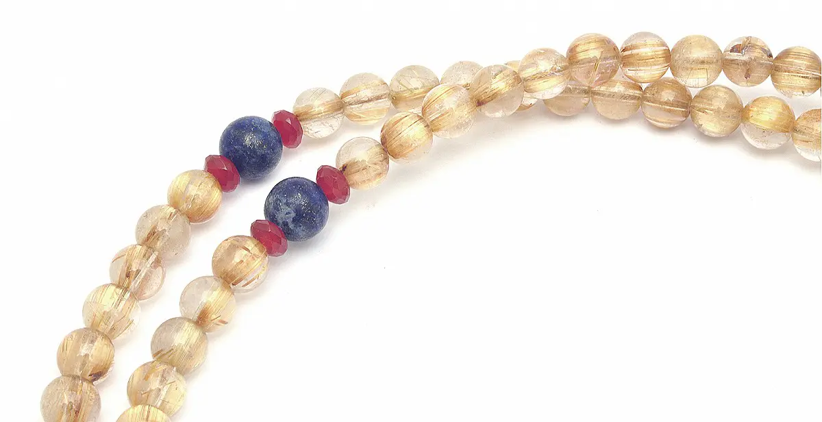 Genuine AAAA Golden Rutilated Quartz 7mm Beads Mala with Lapis