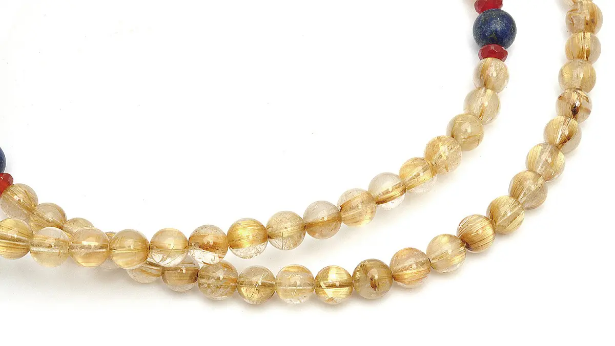 Genuine AAAA Golden Rutilated Quartz 7mm Beads Mala with Lapis