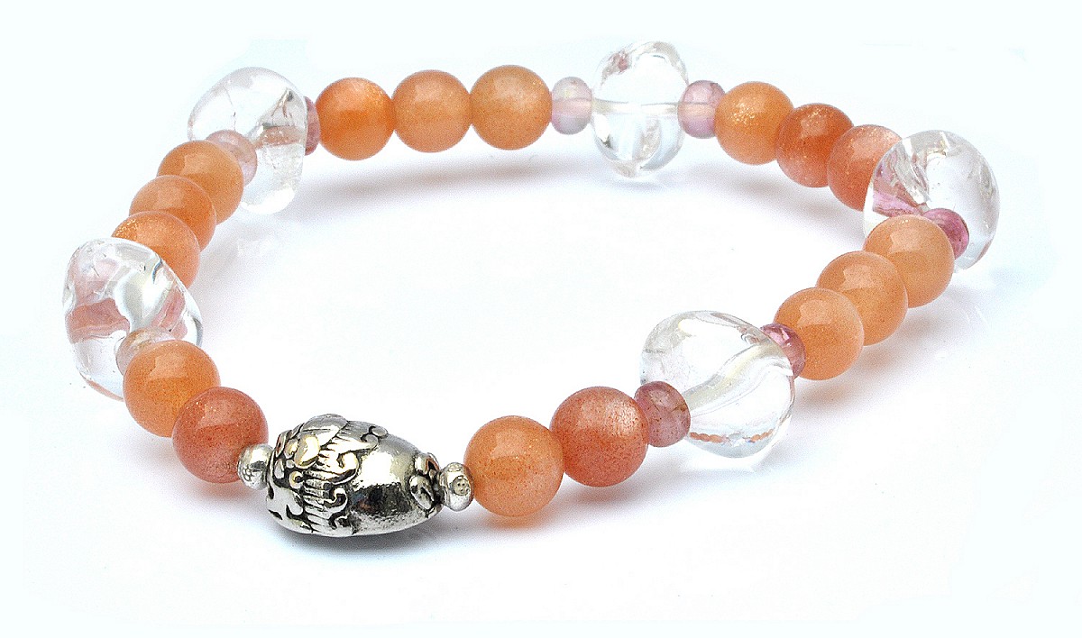 High Quality Natural Sunstone Clear Quartz Sterling Silver Bracelet